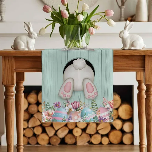 Miniatura 3 de Camino de Mesa de Algodón y Lino Happy Easter, Bufandas para Cómoda, Cola de Conejo, Huevo, Rústico, Granja, Madera, Antideslizante, Arpillera
