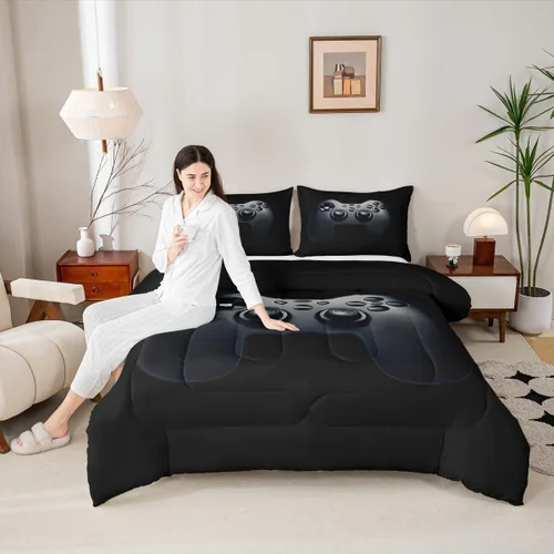 Miniatura 5 de Feelyou Juego de edredón negro para adolescentes y niños, juego de ropa de cama con estampado de consola de videojuegos de 2 piezas, 1 edredón con 1