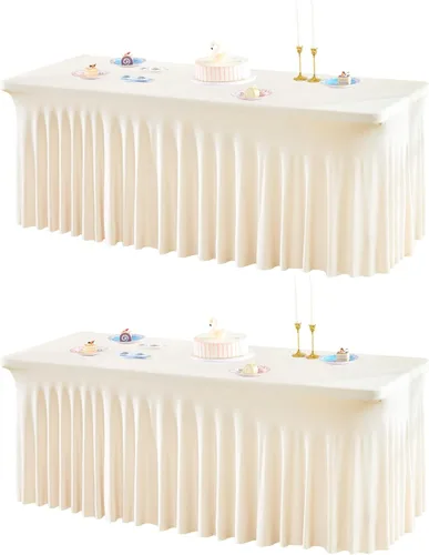 Miniatura 32 de Paquete de 2 manteles color azul bebé para mesa rectangular de 4 pies, manteles de elastano elásticos de 4 pies, falda blanca rectangular para baby