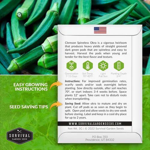 Miniatura 2 de Survival Garden Seeds - Semilla de okra sin espinas Clemson para plantar - Paquete con instrucciones para plantar y cultivar Okra tierna y grande