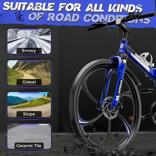 Miniatura 8 de Outroad - Bicicleta de montaña plegable de 26 pulgadas, 21 velocidades, suspensión completa, bicicleta MTB de acero de alto carbono plegable, freno