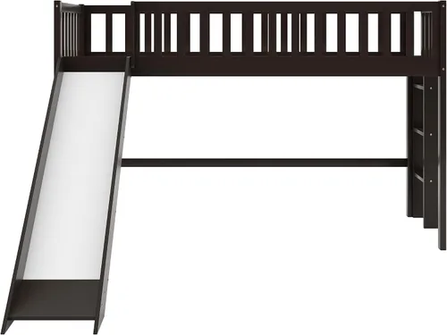 Miniatura 5 de Majnesvon Cama baja de tamaño individual con escalera y tobogán, muebles de dormitorio de madera con barandillas para niños, niñas, fácil de montar