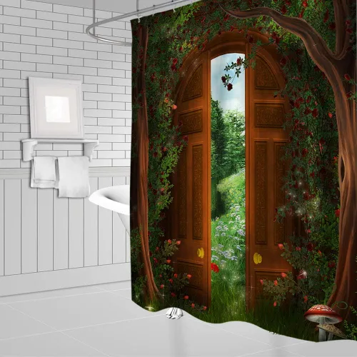 Miniatura 2 de Cortina de ducha con diseño de bosque verde, puerta de madera, jardín, árbol, casa, cuento de hadas, paisaje natural, baño, ganchos de tela