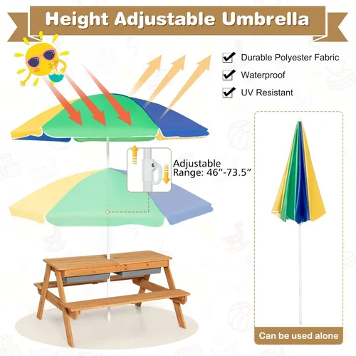 Miniatura 5 de KOTEK Mesa de picnic para niños, mesa de arena y agua 3 en 1 con mesa desmontable, 2 cajas de juego extraíbles, paraguas plegable y ajustable en Azul