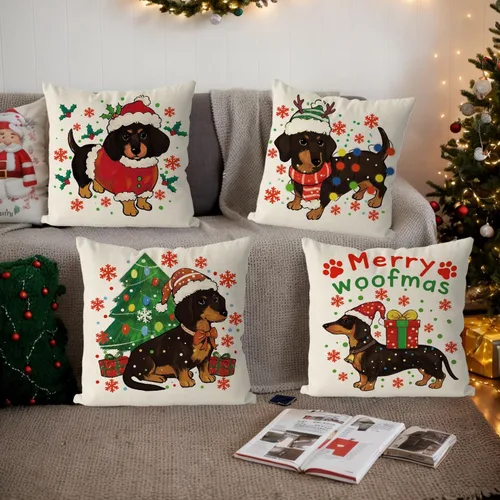 Miniatura 5 de Juego de 4 fundas de almohada navideñas para decoración de perro salchicha para el hogar, sofá, sala de estar, 16 x 16 pulgadas