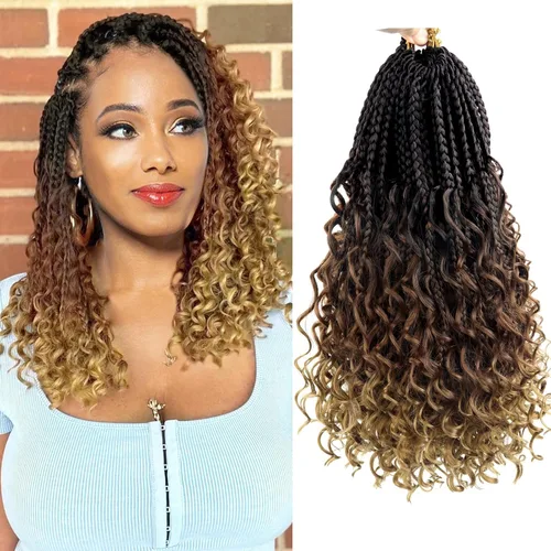 Miniatura 61 de Goddess Box Braids - Trenzas de cabello a ganchillo con extremos rizados, trenzas de caja bohemianas de 16 pulgadas, trenzas de ganchillo, 8 1B-4-30