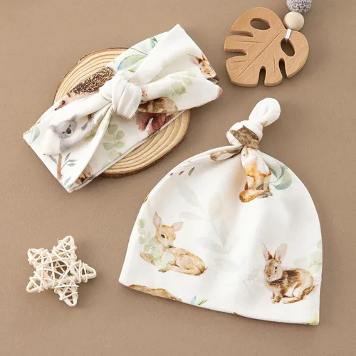 Miniatura 6 de BabyWhale Manta de muselina para envolver con sombrero y vincha con moño, juego de manta con estampado de animales para bebés niños y niñas, manta