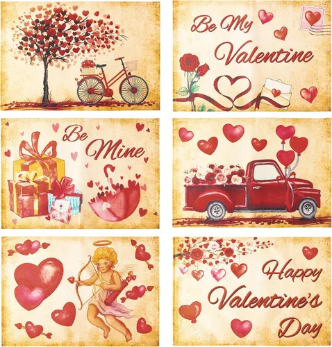 Juego de manteles individuales para el día de San Valentín, 6 piezas, vintage, acuarela, Be Mine, bicicleta, día de San Valentín, fiesta, cocina,