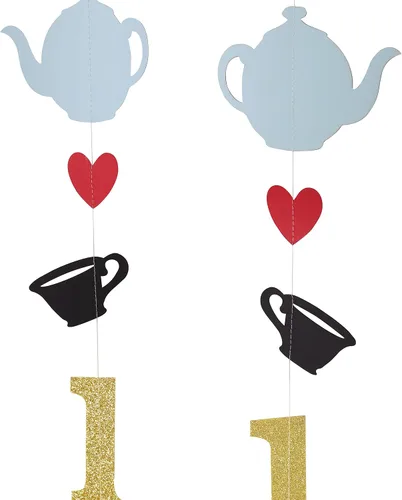 Miniatura 7 de Decoración de pared de Alicia en Onederland, guirnalda de té para dos, telón de fondo de fotos de primer cumpleaños, pancarta azul para silla