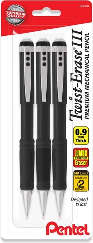 Pentel Portaminas de 0.035 in Twist Erase III, borrador de torsión, mina HB de polímero súper alta precargada, barril negro, paquete de 3
