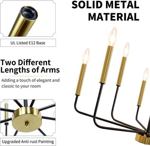 Miniatura 3 de Candelabro de 8 luces negras y doradas: candelabros estilo vela de 29.5 pulgadas con brazos de candelabro - Moderna lámpara de comedor de granja
