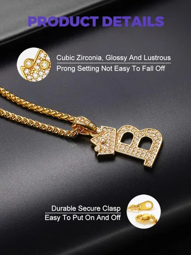 Miniatura 3 de Richsteel A-Z Crown Initial Necklace For Men Women 18K Gold Plated Shiny Cubic Zirconia Monogram Pendant with 22'' Chain+2'' (Extended) Fashion