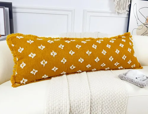 Miniatura 9 de Funda de almohada lumbar larga bohemia de 12 x 36 pulgadas con flecos de borlas, funda de almohada lumbar extra decorativa con patrón de flores 3D