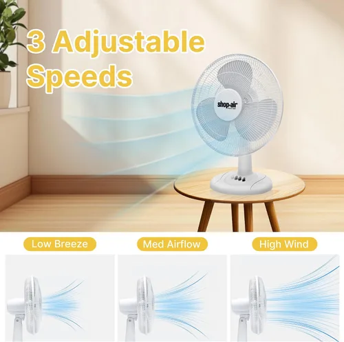 Miniatura 3 de Shop-Air Ventilador de mesa oscilante de 12 pulgadas, 3 velocidades, circulación de aire silenciosa y potente, inclinación de cabeza ajustable