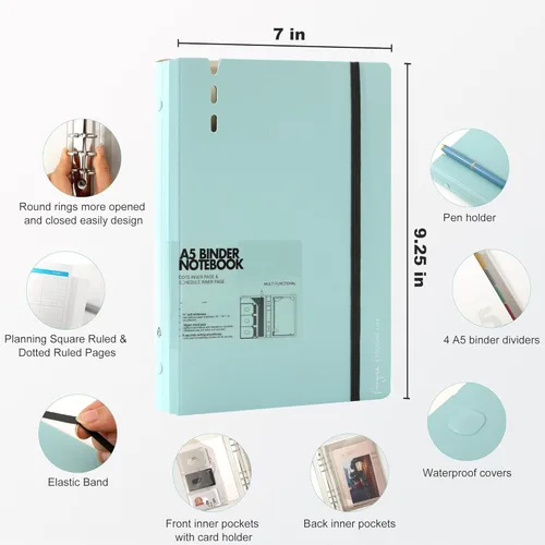 Miniatura 2 de CAGIE Carpeta A5 de 6 anillos con divisores, carpeta de planificador recargable con bolsillos, papel de repuesto que incluye páginas