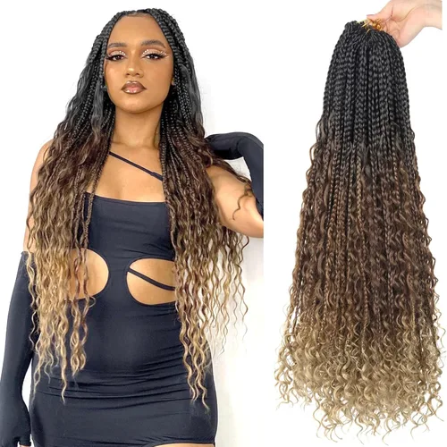 Miniatura 39 de Goddess Box Braids - Trenzas de cabello a ganchillo con extremos rizados, trenzas de caja bohemianas de 16 pulgadas, trenzas de ganchillo, 8 1B-4-30
