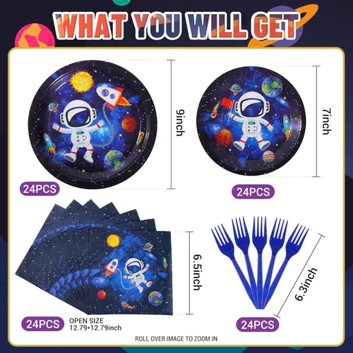 Miniatura 2 de SCIONE Juego de 96 piezas de vajilla para fiestas del espacio exterior, juego de vajilla de fiesta de galaxia, sistema solar, platos de fiesta