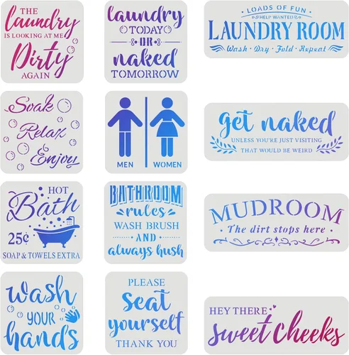 FINGERINSPIRE 12 plantillas de lavandería de plástico para baño, reglas de dibujo, juegos de pintura, plantillas de palabras para lavandería,