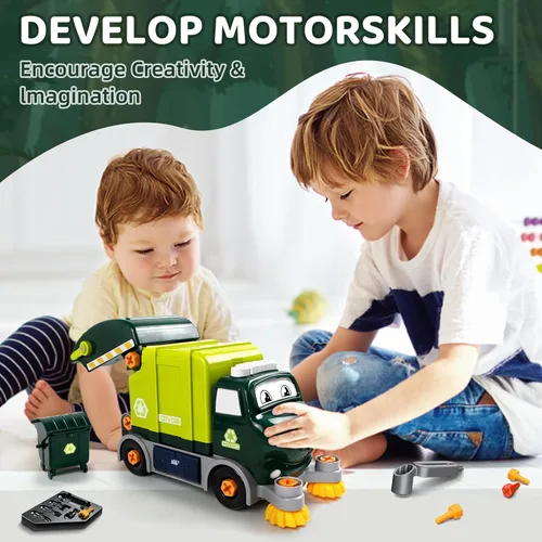 Miniatura 6 de Juguetes de camiones desmontables con taladro eléctrico, juego de camiones de limpieza de ciudad eléctrico DIY, juguetes de camiones de basura