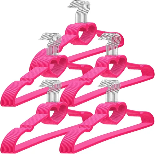 Qunclay 50 piezas de perchas de terciopelo rosa brillante con forma de corazón, perchas antideslizantes de fieltro para ropa, percha de corazón