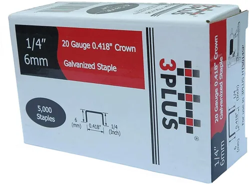3PLUS Grapas de alambre fino galvanizado de calibre 20 T50/06 de 3/8 pulgadas (0.417 in) de longitud de pierna de 1/4 pulgadas, 5,000 por caja