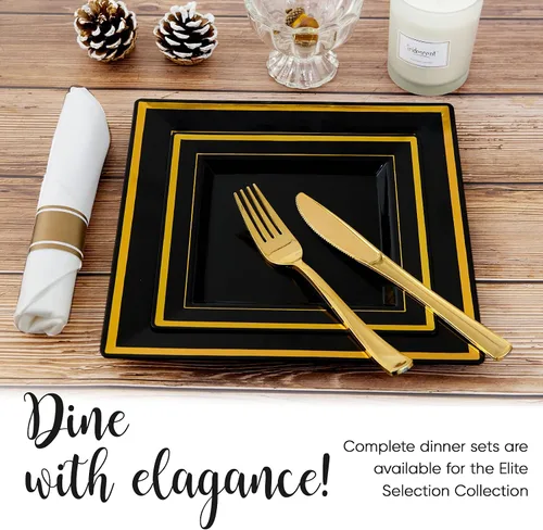 Miniatura 5 de JOLLY CHEF Paquete de 60 platos de plástico para cumpleaños de Halloween, plástico cuadrado dorado con elegante borde dorado de 9.5 pulgadas, platos