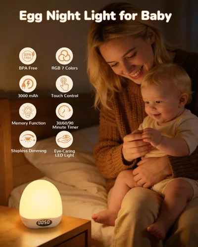 Miniatura 2 de Luz de Noche Portátil para Niños y Bebés, Luz de Huevo para Guardería para Lactancia, Luz de Noche Ajustable para Bebé con Temporizador y RGB