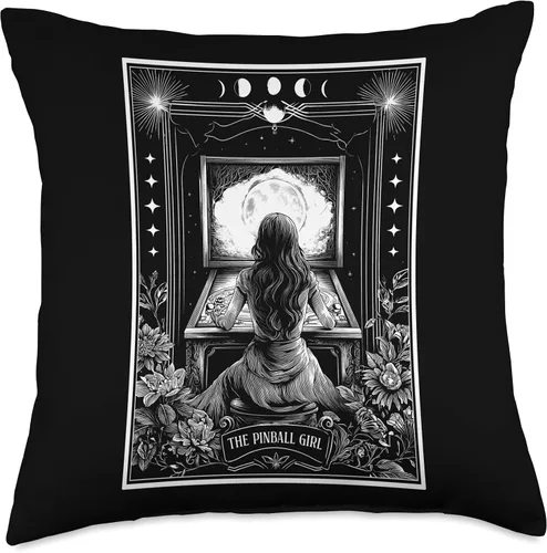 Miniatura 4 de The Pinball Girl Retro Arcade Game 80s Tarot Card Skeleton Throw Pillow