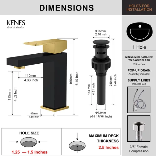 Miniatura 6 de KENES Grifo de lavabo de baño de una sola manija, grifos de baño negros y dorados de un solo orificio, grifo de tocador con desagüe emergente
