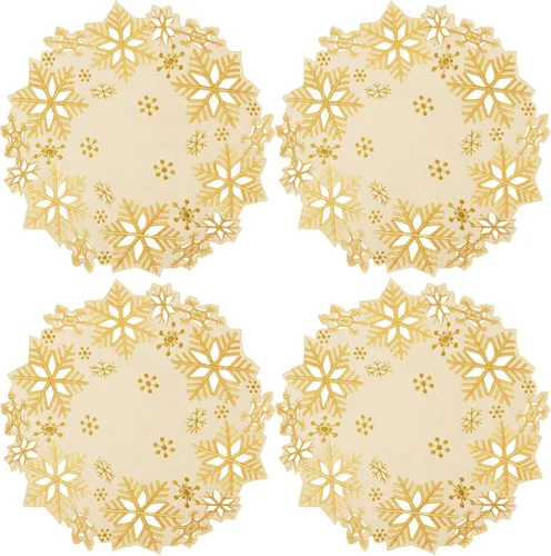 Miniatura 2 de Juego de 4 manteles redondos bordados con copos de nieve, manteles individuales redondos de 15 pulgadas para Navidad e invierno, centros de mesa