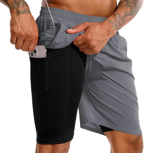 TENJOY Pantalones cortos de correr 2 en 1 para hombre, de 5 o 7 pulgadas, de secado rápido, pantalones cortos de entrenamiento atlético para hombres