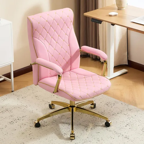 Miniatura 12 de Furniliving Silla de oficina blanca y dorada, sillas de oficina de cuero, silla de tocador ajustable con patas doradas y reposabrazos acolchado