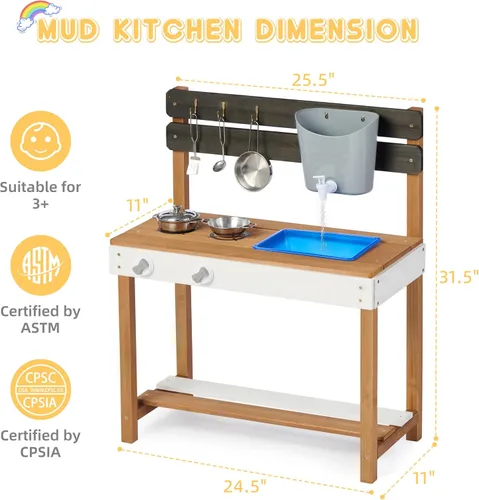 Miniatura 3 de Cocina de madera para niños, cocina de barro al aire libre con juego de agua y juguetes de cocina, juego en el patio trasero para niños de más de 3