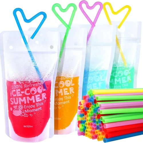 Teenitor 100 bolsas de bebida con pajitas, bolsas de bebidas para jugos para adultos, bolsas de bebida reutilizables para licuados de jugos, bolsas