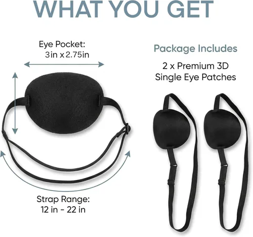 Miniatura 7 de Juego de parches médicos ajustables, 2 parches cómodos para ojos negros para ojos izquierdos o derechos, cubierta reutilizable para ojos