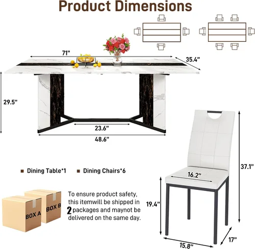 Miniatura 7 de Juego de mesa de comedor de 7 piezas para 4, 6 personas, mesa de cocina grande de madera larga de 71 pulgadas con 6 sillas acolchadas con mesa