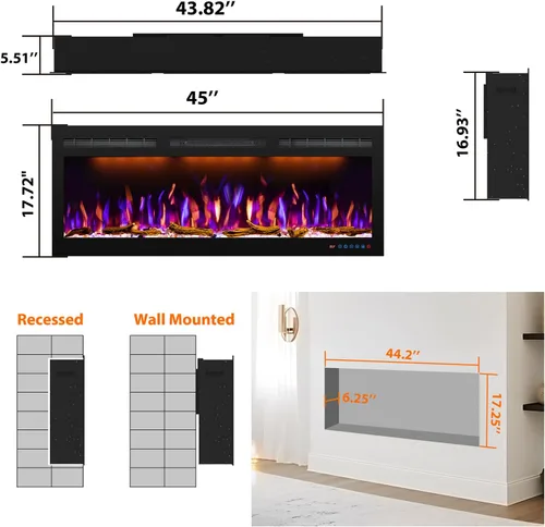 Miniatura 7 de Chimenea eléctrica Mystflame, chimenea empotrable o montada en la pared, chimenea lineal de marco delgado con opciones de madera y capa de cristal