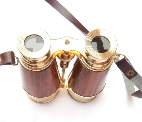 Miniatura 4 de Binoculares antiguos de latón sólido brillante para adultos y niños con correa de cuero para el cuello, binoculares náuticos compactos de 6 pulgadas