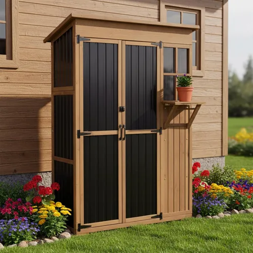 Miniatura 14 de Pequeño armario de almacenamiento para exteriores con estante, cobertizo de almacenamiento de madera blanca y plástico con techo impermeable