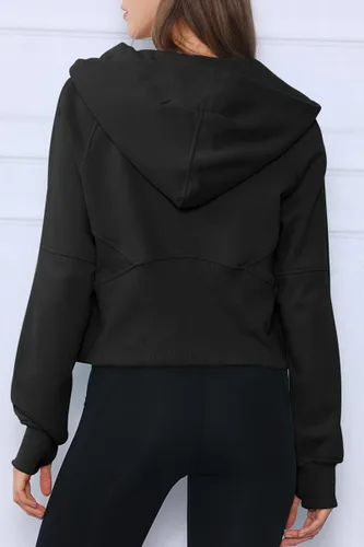Miniatura 5 de Trendy Queen Sudadera corta con capucha de media cremallera para mujer, sudadera con cremallera de un cuarto, ropa de invierno 2022