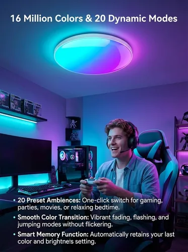 Miniatura 5 de Lámpara de techo LED inteligente de 12 pulgadas de montaje empotrado con control remoto, cableado (alimentado por CA) - Cambio de color RGB