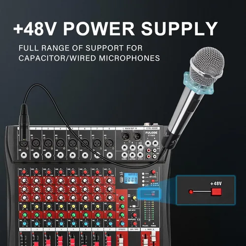 Miniatura 6 de FULUODE Mezclador de Audio 8 Canales, CT-80S Sistema de Sonido Profesional Tablero Mezclador de DJ Consola de Mezcla con Reverberación Reproductor