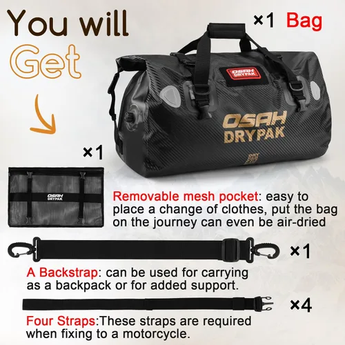 Miniatura 7 de OSAH DRYPAK Bolsa de lona impermeable – Bolsa seca para motocicleta con gran espacio de almacenamiento, bolsas de equipaje impermeables con bolsillo