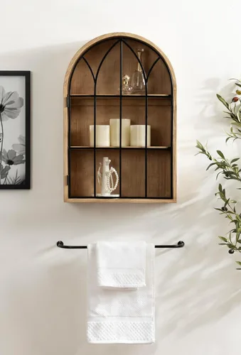 Miniatura 4 de Kate and Laurel Megara - Gabinete decorativo de pared colgante con arco de madera con puerta para almacenamiento abierto; 16 x 5 x 24; Madera Natural