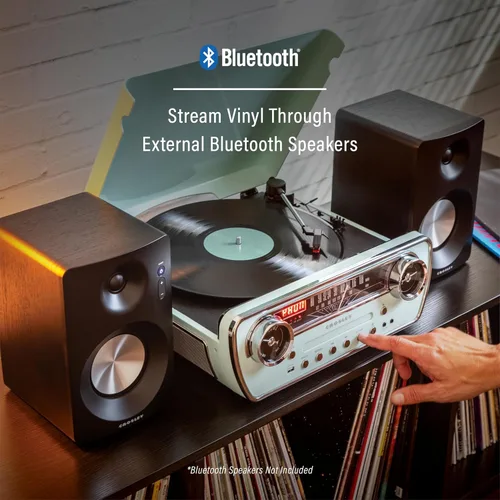 Miniatura 4 de Crosley CR6047A-AB Powel 7-en-1 Tocadiscos Bluetooth con entrada/salida de vinilo, radio AM/FM, reproductor de CD y entrada auxiliar, Azul Aqua