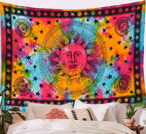 Miniatura 2 de ANJANIYA Tapiz de mandala de teñido anudado, celestial, sol, luna, estrella, planeta, bohemio, tarot, tapiz bohemio para colgar en la pared
