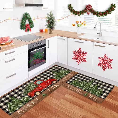 Miniatura 4 de Juego de 2 alfombras de cocina de Navidad, alfombra de cocina roja con diseño de camión y árbol de Navidad para el suelo, alfombra antideslizante