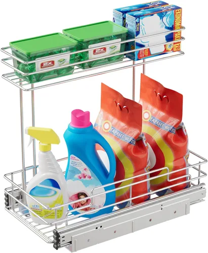 Miniatura 11 de Organizador de gabinete extraíble de 2 niveles para debajo del fregadero, cesta de estante de alambre deslizante para gabinetes de base de cocina, 9