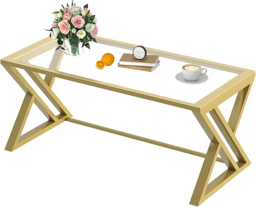 Miniatura 9 de Wolawu Mesa de Centro de Cristal Dorado Mesa de Centro de Cristal para Sala de Estar, Mesa Central Rectangular Moderna con Marco de Metal dorado