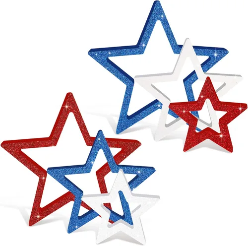 Miniatura 7 de Blulu 6 piezas de decoraciones patrióticas del 4 de julio, decoración de mesa para el Día de los Caídos, letreros de estrella de madera, rojo